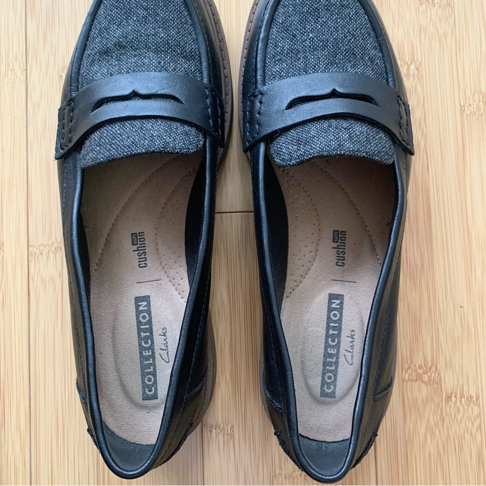 Like New! Clarks Raisie Eletta Black Leather & Gray Tweed Penny Loafer, Size 7 - Picture 11 of 14